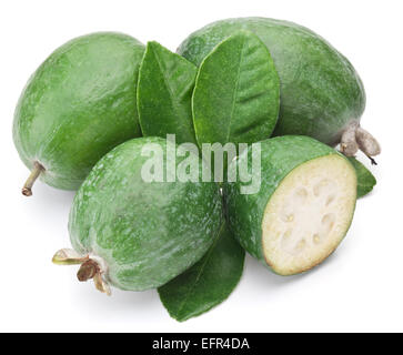 Feijoa mit Blättern auf einem weißen Hintergrund. Stockfoto