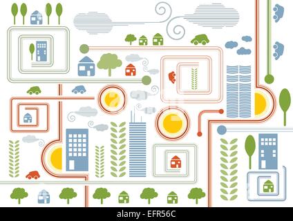 Stadt Karte Retro-Darstellung mit farbigen Ikonen von Autos, Bäume und Gebäude, Vektor-illustration Stock Vektor