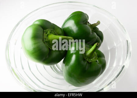 Drei grüne Paprika in eine Glasschüssel Stockfoto