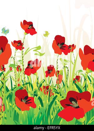 rote Mohnblumen auf der grünen Wiese, Vektor-illustration Stock Vektor