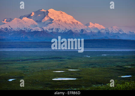 Blick auf Schnee begrenzt Mount McKinley bei Sonnenuntergang, Denali National Park, Alaska, USA Stockfoto