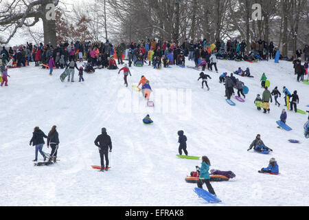 Familien, Rodeln und Menschen nur aus genießen Prospect Park nach einem Schneefall in Park Slope, Brooklyn, NY. Stockfoto