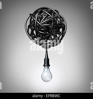 Kreative Beratung Konzept als eine Glühlampe oder Glühbirne aus ein wirres Chaos von elektrischen Stricke als eine Metapher und Kreativität Auflösung Erfolgsgrad herabhängen. Stockfoto