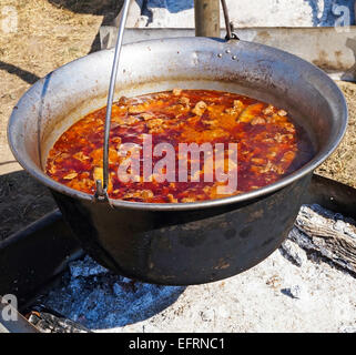 Gulasch in einem Topf im freien Kochen Stockfoto