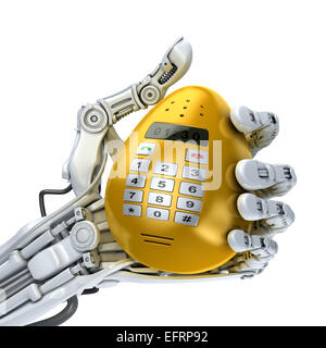 Roboterhand hält ein Fantasy goldene Smartphone wie Osterei. Konzeptionelle futuristische Technologien 3d illustration Stockfoto