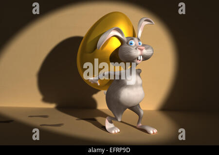 Cartoon-Osterhase versuchen riesige goldenes Ei zu stehlen. Lustige 3d illustration Stockfoto