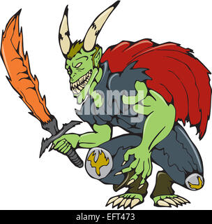 Cartoon-Stil Abbildung eines Dämons mit großen Hörnern ein feuriges Schwert von vorne auf isolierte Hintergrund betrachtet. Stockfoto