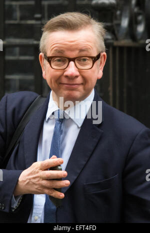 London, 10. Februar 2015. Minister kommen bei der wöchentlichen Kabinettssitzung in 10 Downing Street. Im Bild: Michael Gove, Hauptpeitsche. Bildnachweis: Paul Davey/Alamy Live-Nachrichten Stockfoto