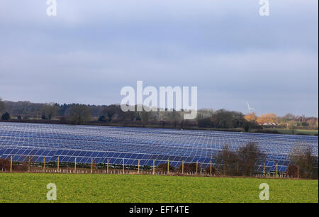 Sonnenkollektoren im Westen Raynham Solarpark in Norfolk, England, UK. Stockfoto