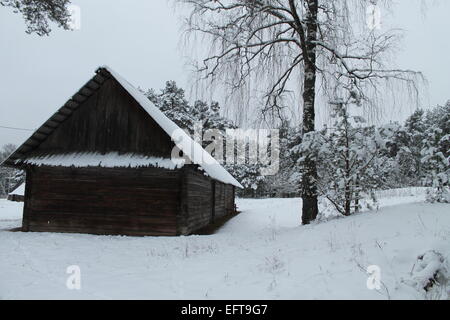 Retro-Stil-Haus bleiben allein auf Schnee-Hügel im Wald Stockfoto