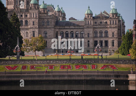 Die florale Victoria unterzeichnen vor British Columbia Legislature Building, Victoria, Britisch-Kolumbien, Kanada. Stockfoto