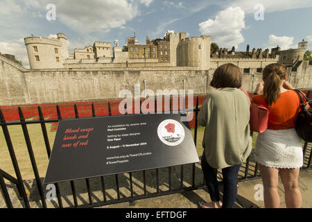 Allgemeine Ansichten einer Installation von Keramik-Künstler Paul Cummins mit dem Titel "Blut Mehrfrequenzdarstellung Länder und Meere of Red". Die Installation, die in den Tower of London vom 5. August bis zum 11. November ist, verfügt über Keramik Mohnblumen, darstellt die Leben Stockfoto