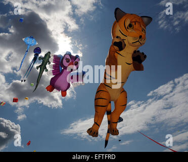 Drachen in allen Formen und Größen, fliegen über das Meer in Southsea, Hants an das jährliche Drachenfest. PIC Mike Walker, Mike Wal Stockfoto