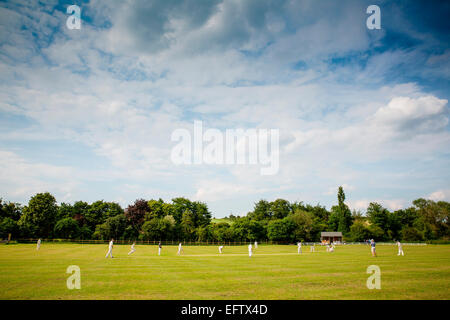 Ländliche Szene mit Aussicht Cricket Spieler spielen Cricket Match auf Cricket Field Stockfoto