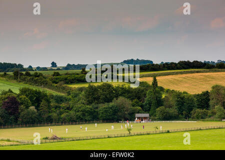 Ländliche Szene mit Fernsicht auf Cricket Field und Match Stockfoto