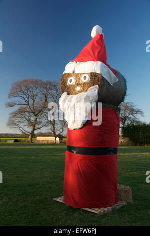 Happy Xmas. Eine große komische Figur des Weihnachtsmannes aus Heuballen gemacht. Es ist eine schrullige Weihnachtszeit in Dorset Landschaft. England, UK Stockfoto