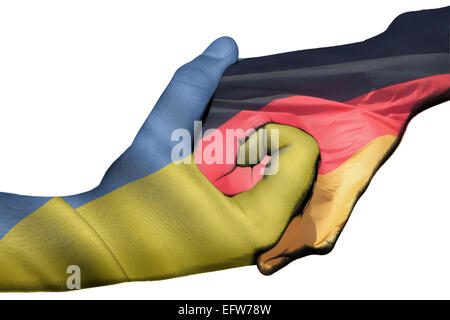 Diplomatischen Handshake zwischen den Ländern: Flaggen der Ukraine und Deutschland überdruckte die beiden Hände Stockfoto