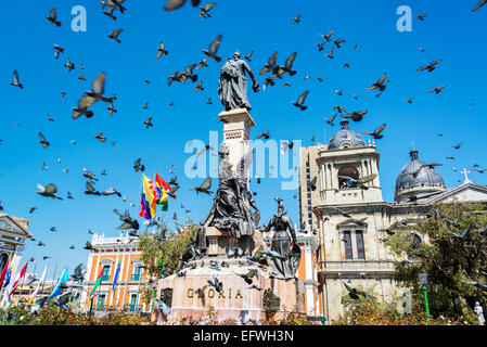 Tauben fliegen herum Plaza Murillo in La Paz, Bolivien Stockfoto
