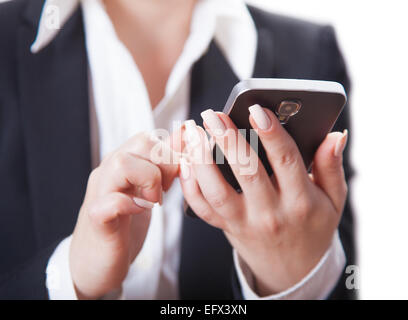 Geschäftsfrau mit Telefon, isolierten weißen Hintergrund Stockfoto