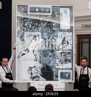 Sotheby's, London, UK. 10. Februar 2015.  Sotheby's-Mitarbeiter zeigt Sigmar Polkes "Untitled" (verkauft für £0.497 m).  Der Abend Gesamtumsatz war £ 122,6 Millionen, der höchste jemals für ein Sotheby Verkauf von zeitgenössischer Kunst in Europa. Bildnachweis: Stephen Chung/Alamy Live-Nachrichten Stockfoto