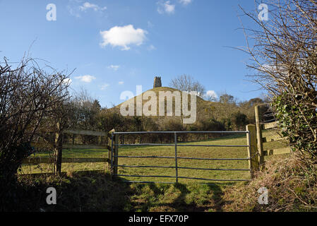 Glastonbury Tor, Somerset, UK... Von Basketfield Lane betrachtet. Stockfoto