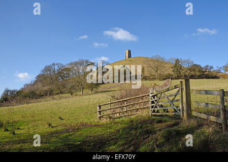 Glastonbury Tor, Somerset, UK. Von Basketfield Lane betrachtet. Stockfoto