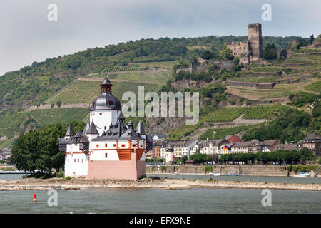 Die Stadt Kaub liegt am Rhein, Deutschland mit Gutenfels, auch bekannt als Caub, im Hintergrund. Stockfoto