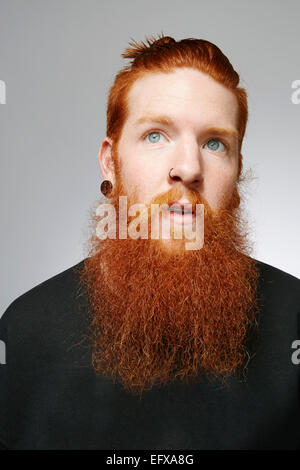 Studio-Porträt der jungen Mann mit blauen Augen, rote Haare und verwilderten Bart Stockfoto