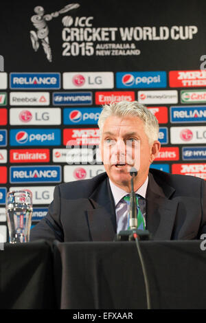 Christchurch, New Zealand - 11. Februar 2015 - ICC CEO David Richardson spricht zu den Medien während einer Pressekonferenz vor den ICC Cricket World Cup 2015 am 11. Februar 2015 im Rydges Latimer in Christchurch, Neuseeland. Stockfoto