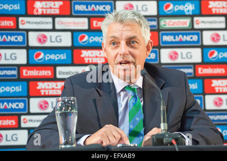 Christchurch, New Zealand - 11. Februar 2015 - ICC CEO David Richardson spricht zu den Medien während einer Pressekonferenz vor den ICC Cricket World Cup 2015 am 11. Februar 2015 im Rydges Latimer in Christchurch, Neuseeland. Stockfoto