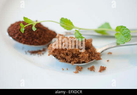 Makroaufnahme von frischer Minze, Kaffeesatz und braunem Zucker. Stockfoto