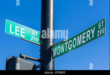 Straßenschild der Montgomery Street in der Nähe von vor Ort wo Rosa Parks Bus bestiegen und sich weigerte, ihren Sitzplatz, Montgomery, Alabama, USA Stockfoto