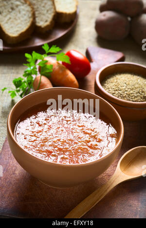 Creme von Gemüse Suppe aus Tomaten, Karotten, Kartoffeln und Petersilie serviert in Schüssel mit Brotscheiben und Zutaten in den Rücken Stockfoto