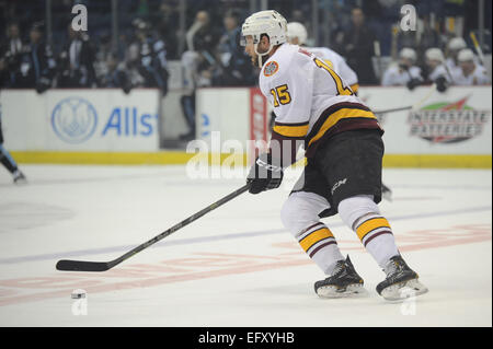 Rosemont, Illinois, USA. 11. Februar 2015. Chicago Wolves Jeremy Welsh (15) steuert den Puck in der American Hockey League-Spiel zwischen den Chicago Wolves und die Milwaukee Admirals in der Allstate Arena in Rosemont, Illinois. Patrick Gorski/CSM/Alamy Live-Nachrichten Stockfoto