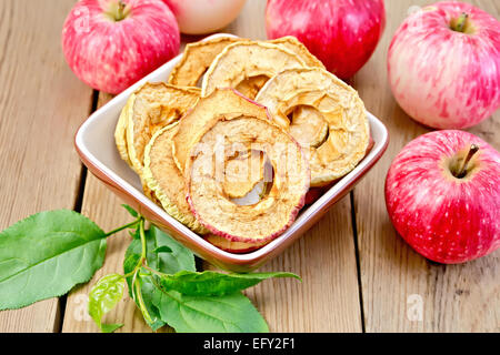 Äpfel frisch als auch getrocknet in Schüssel an Bord mit Blatt Stockfoto