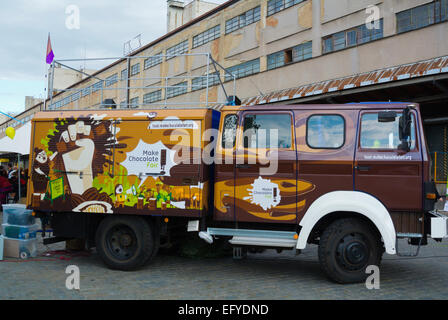 Chocomobile, Schokoladen-Festival, Nakladove Nadrazi Zizkov, Zizkov Bezirk ehemaligen Bahnhof, Prag, Tschechische Republik, Stockfoto