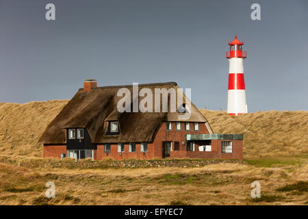 Die roten und weißen Leuchtturm List Ost und einem strohgedeckten Haus auf der Halbinsel Ellenbogen, List, Sylt, Nordfriesland Stockfoto