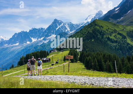 Wanderer Wandern Wandern im Bellevue über Les Houches mit der Aiguille du Midi hinter, Tal von Chamonix, Alpen, Frankreich, Europa im Sommer Stockfoto