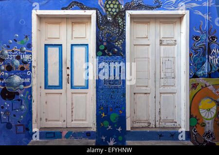 Hell Haus Wand mit zwei Türen, La Calera, Valle Gran Rey, La Gomera, Kanarische Inseln, Spanien, lackiert Stockfoto