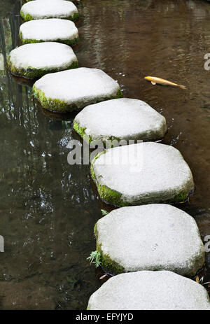 Treppensteine führen über einen Teich in den Gärten des Tenju-an Zen Tempels, Teil des Nanzen-JI Tempelkomplexes in Kyoto, Japan Stockfoto