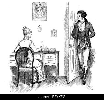 PRIDE AND PREJUDICE Illustration von Hugh Thomson für Kapitel 32 von Austens Roman in einer Auflage von 1894. Mr. Darcy findet Elizabeth Bennet selbst, als er Hunsford Pfarrhaus besucht Stockfoto