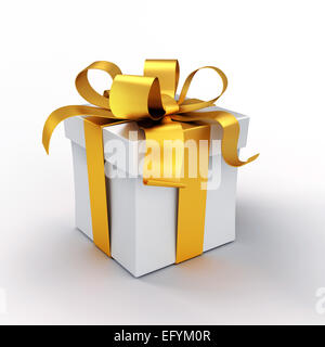 Weißen Geschenkbox gefesselt mit goldenen Bändern, isoliert auf weiss Stockfoto