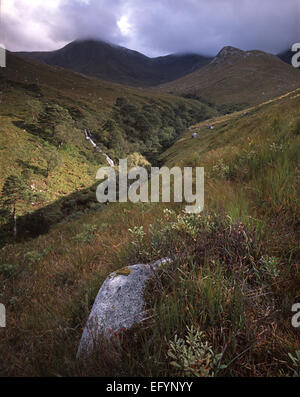 Glas Bheinn Mhor und Meall Nan Tri Tighearnan angesehen von unterhalb der Räuber Wasserfall, Glen Etive, Argyll, Schottland Stockfoto