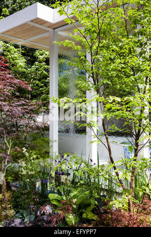 Weißer Pavillon mit eingebauten Wasserwand und Sprungbrett mit japanischen Stil, die Bepflanzung mit Acer Japonicum Stockfoto