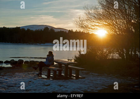 Beobachten den Sonnenuntergang vom Rand Wassers, Loch Morlich, Inverness-Shire.   SCO 6573. Stockfoto