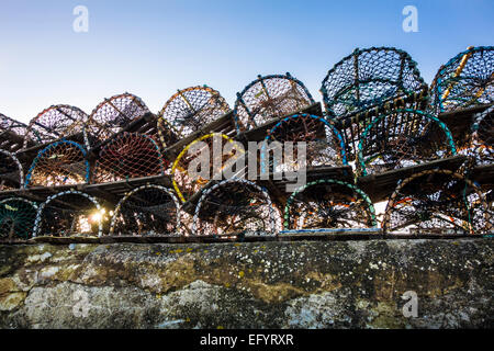 Hummer-Töpfe auf der Hafenmauer, Beadnell, Norhumberland Stockfoto