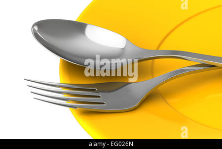3D Render von Messer und Gabel in gelbe Platte isoliert Onwhite background Stockfoto