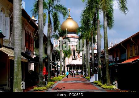 Singapur: Bussorah Straße, gesäumt mit Geschäften und Royal Palmen führt der 1924-28 Masjid Sultan Singapura Moschee Stockfoto