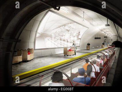 Mail-Schiene Konzeptdesign 3. CGI mock-up der vorgeschlagenen re Vamp. Es lief für 22 Stunden am Tag von 1927-2003 und an seiner Spitze es beschäftigt 220 Arbeiter.    Postamt Underground Railway Ð Mail Rail Ð lief still und fleißig unter den Straßen von London, die für mehr als drei Viertel eines Jahrhunderts weitgehend unbemerkt. Aber seit 2003, hat die WorldÕs erste fahrerlose, elektrifizierte Eisenbahn ruhenden mit nur einer Handvoll Ingenieure für die Wartung gelegt. Im Rahmen der neuen Pläne von British Postal Museum & Archiv entwickelt könnte das alles zu ändern sein.  Als Teil eines £22m-Systems, eine neue zu liefern, Stockfoto