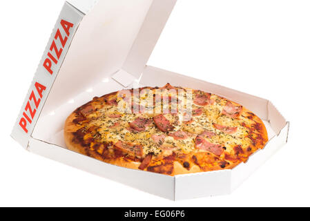 Nehmen Sie die Schachtel mit einer Ananas und Schinken Sie Hawaii Pizza - Studio gedreht mit einem weißen Hintergrund Stockfoto